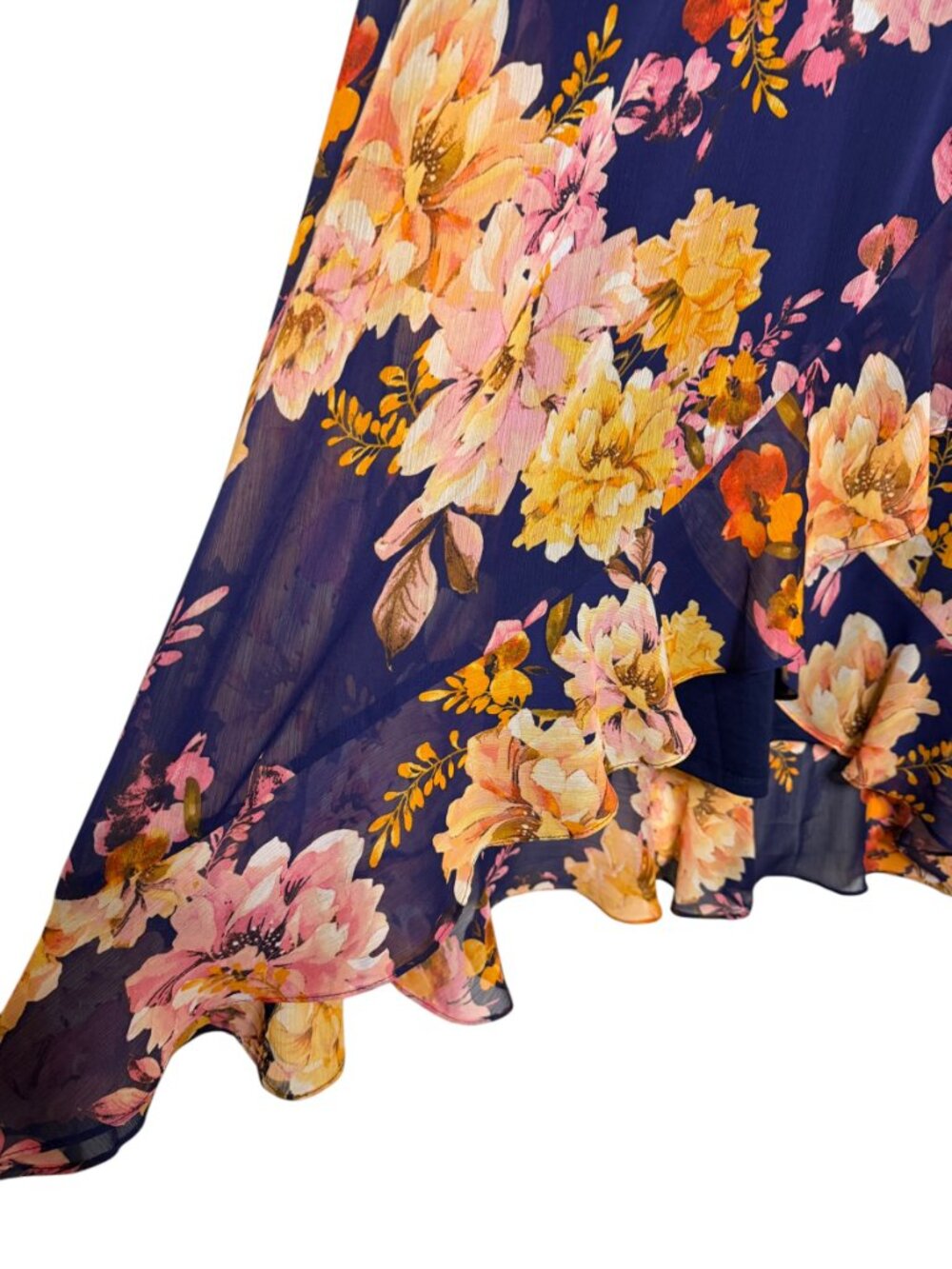 London Times Akong Woman Maxi Dress Chiffon Ruffle Floral Blue Pink Orange 16W - Picture 3 of 9